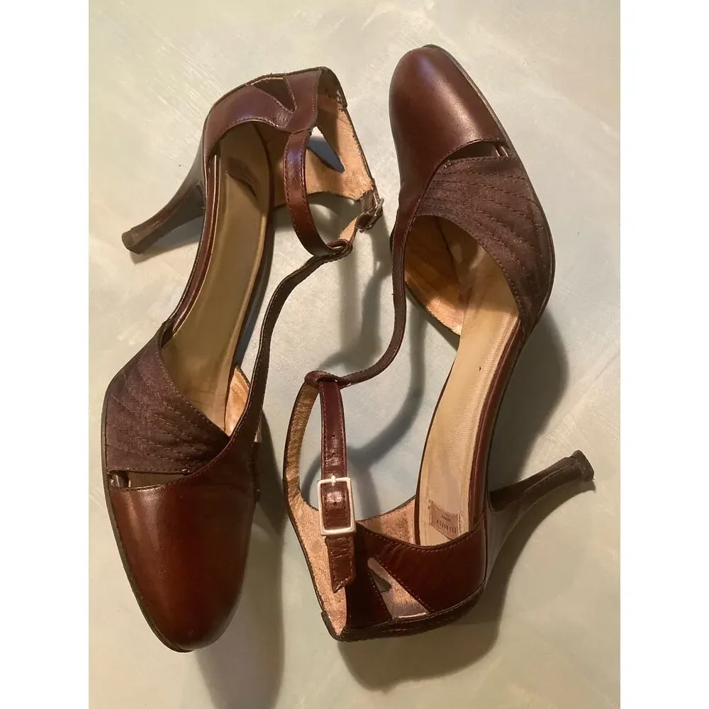 Ted Baker T-Strap Heels Vintage 00s 1940's Vibe ~ Leather & Satin! Sz 40 - Picture 7 of 10